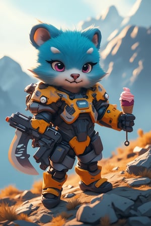 a cube fluppy, cute blue fur creature  TenTen stands confidently with a bold stance, gripping an axe-gun in one hand and icew cream in the other. wearing cute armored suit. The framing of the shot showcases her strong profile, with the weapon-wielding arms outstretched to either side. A warm golden light illuminates her determined expression, casting long shadows across the rugged terrain. In the background, misty mountains rise like giants, underscoring TenTen's fierce determination as she readies herself for battle.