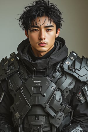 poster of a perfectly asian man WEARING CYBERPUNK SAMURAI MECHA ARMOUR SUIT style,  in dynamic modeling pose, cinematic style, high resolution, high detail, high quality, high contrast, professional photography, professional lighting, precise details, solid color background, masterpiece, best quality, highres, perfect artwork, best design award winner. hipster style