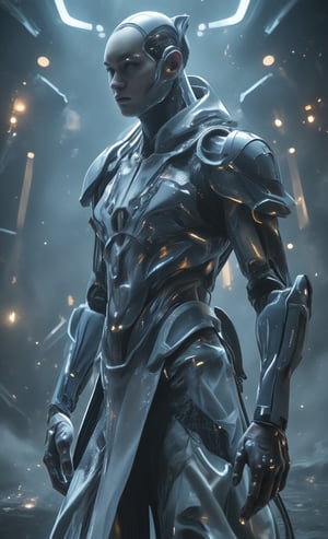 robot, mecha, solo, gaze, crouching, kneeling, one arm on thigh, cowboy shot, large pauldrons on both shoulders, twin eyes, dull pink eyes, bluish grey body colour, dull glowing eyes, frame, depth of field, details, simple background, blurry background, no humans, clear image, beautiful image, sci-fi, fantasy, other world,fantasy robot,neon,Aura,mechanx