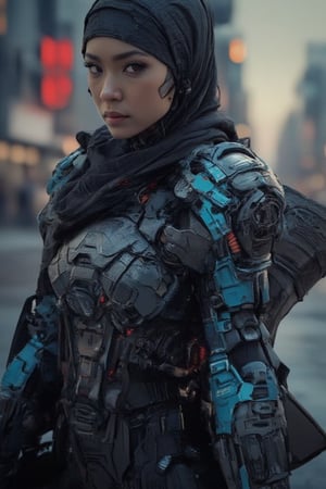 full photo of an beauty Asian girl wearing long hijab , her striking features illuminated by the neon glow of a cityscape at dusk. Her long hijab flows like a dark river down her back as she stands confidently, her eyes gleaming with determination. Her left hand is merged seamlessly with a massive battle mecha arm, metallic plates and wires visible beneath her skin. A cybernetic wing sprouts from her back, its sharp edges and glowing blue circuits a testament to her technological enhancements. She exudes a sense of strength and beauty in this futuristic world.