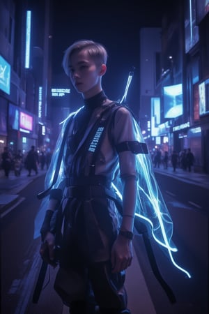 Close-up shot of a young male Fluxboy's face, set against a dark, gradient cityscape backdrop. Neon hues illuminate their angular features and sleek, silver hair, styled in a messy, avant-garde manner. Minimalist attire consists of a reflective jumpsuit, accentuating their lean physique as they pose confidently, one hand resting on the hilt of a futuristic sword. Cyberpunk-inspired architecture looms in the distance, with holographic advertisements flickering like fireflies. realistic,detailed,sharp focus,high contrast,rule of thirds,depth of perspective,award-winning photo,chiaroscuro lighting.