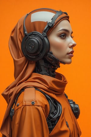 poster of A cyber spacepunk hijabis girl wear orange transparent glass helmet armour suit Orenz style, with long hijab and pashmina. she wear mecha armour , featuring black wires and tubes on its body, in profile view. the cyberpunk in dynamic action pose style.The style is futuristic sci-fi art with elements of dark gray and light bronze, showcasing hyper-realistic details. It has an illustrative quality to it with an emphasis on the character's head being transparent. This design incorporates elements from retro-futurism and neo-porcelain style. n dynamic modeling pose, cinematic style, high resolution, high detail, high quality, high contrast, professional photography, professional lighting, precise details, solid color background, masterpiece, best quality, highres, perfect artwork, best design award winner. hipster style