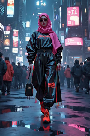 perspective view angle from below, with rule of thirdas style. Modelling photography style. female hijabis cyberpunk the dimly lit catwalk amidst neon-lit cityscapes, hijab flowing like liquid chrome as she strikes a dramatic pose. Her confident stride is framed by bold shadows. One hand rests on her hip exuding cyberpunk chic and others with handbag. Neon hues reflect off her hijab's gleaming surface as she sashays down the runway, hipster cyberpunk style.,runwaymodelXthejaa,punk style