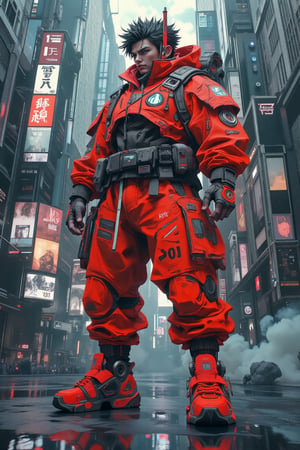 Perspective view angle with anamorphic lens. Comic art character blended with realistic background. Anime Character of red samurai mecha Cyberpunk in dynamic action style, wearing grey red cyber  mecha armour,standing in heroic style with realistic Film style , neon citypunk background.,Niji_JENGLORD_FLUX_LORA_Cry Engine,TECHWEAR OUTFIT