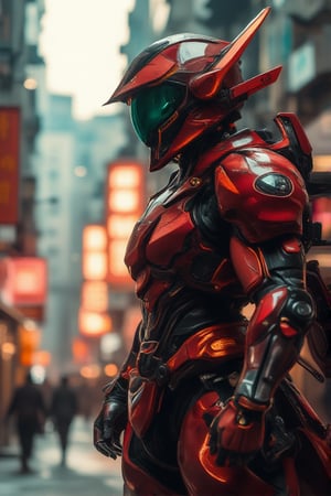 A crimson-clad mecha samurai dons mechanized mecha armor, its red hue intensified by cinematic lighting that casts a heroic glow. In a dramatic film epic scene, the warrior's pose exudes determination as they stand amidst a futuristic cityscape at dusk, with towering skyscrapers and neon lights reflecting off their armored form in a hyper-realistic 3D Octane render, showcasing ultra-detailed textures and HD 16k resolution.,Action style