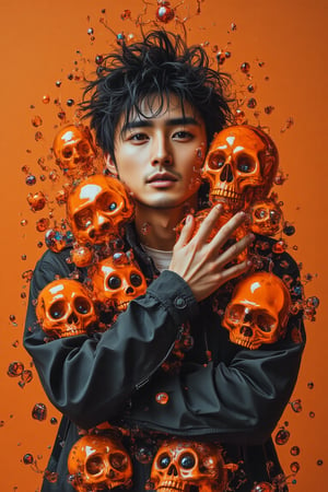 poster of a perfectly hypster asian man hugging and surrounding by 3d orange transparent Orenz skull Doodles, in dynamic motion and modeling pose, cinematic style, high resolution, high detail, high quality, high contrast, professional photography, professional lighting, precise details, solid color background, masterpiece, best quality, highres, perfect artwork, best design award winner. hipster style