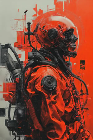 The poster with film effects , double exposure, perspective angle of A red samurai cyber punk wear orange transparent helmet skull armour suit Orenz style, wearing red samurai armour, featuring black wires and tubes on its body, in profile view. the cyberpunk ran through with motion action pose. The style is futuristic sci-fi art with elements of dark gray and light bronze, showcasing hyper-realistic details. It has an illustrative quality to it with an emphasis on the character's head being transparent. This design incorporates elements from retro-futurism and neo-porcelain style. n dynamic modeling pose, cinematic style, high resolution, high detail, high quality, high contrast, professional photography, professional lighting, precise details, solid color background, masterpiece, best quality, highres, perfect artwork, best design award winner. hipster style