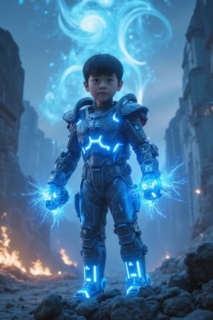 A young Asian boy, clad in an otherworldly alien suit adorned with glowing blue accents, stands triumphantly amidst a swirling vortex of ethereal light as the dawn's auroral energy courses through his being. In his hand mecha, a hyper-realistic mecha glows with intense blue luminescence, Cinematic fantasy unfolds in this ultra-detailed scene.