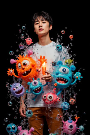 A full-body shot , perspective angle of an attractive young Korean man wearing a white T-shirt and brown jeans, holding CANDLE surrounded by 3d Doodles of cute monsters in the style of Doodleoos , bubbles and water spalsh against a black background with vibrant colors, high resolution, high detail, high quality, high contrast, professional photography, professional lighting, precise details, solid color background, masterpiece, best quality, highres, perfect artwork, best design award winner.,Kodak Motion Picture Film style,Analog photography