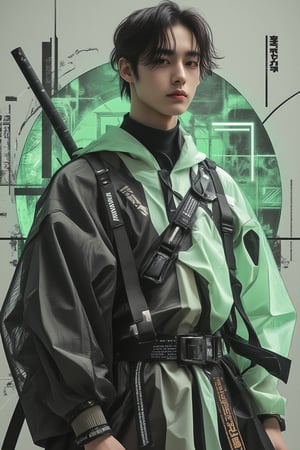 create poster 3d anime background design, graphiti art, hipster, 3d ilussion , hologram, graphic digital, grey,  green,white and black variant colors, free style, one perfect young hipster man Fluxboys posing with darkgrey cyberpunk samurai neon outfit  at the center with style.