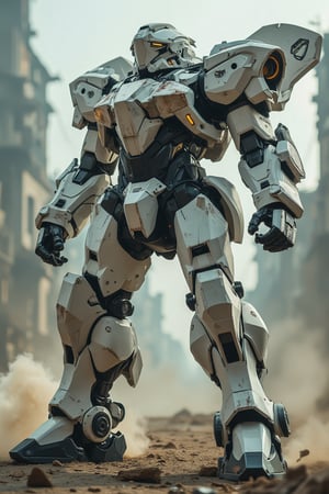 A dynamic pose of a large, imposing robot designed with the aesthetic of an emperor  . The robot has a white and black body armor with a light rusty texture, giving it an aged, battle-worn look. Its stance is bold and dominant, with one leg forward, emphasizing its forceful strike. The background showcases a series of ruined buildings and debris, suggesting a recent battle or devastation. The atmosphere is intense, with dust and rubble flying around, enhancing the action of the scene., wind effect,  back body futuristic wing was blowing 

cinematicxhan,exmechapolyhan83,hanxdeadcyborg83,Film style,mecha armour