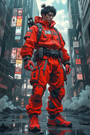 Comic art character blended with realistic background. Anime Character of red samurai mecha Cyberpunk in dynamic action style, wear cyber  mecha armour,standing in heroic style with realistic Film style citypunk background.
