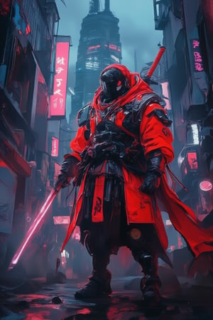 A neon-lit alleyway at dusk, with a haze of smog and smoke. Exmechapolyhan83 stands tall in traditional red samurai armor, his face obscured by a cybernetic mask. He holds a high-tech katana, its blade humming with energy. The city's towering skyscrapers loom in the background, their LED lights casting an otherworldly glow. In this gritty cyberpunk world, Exmechapolyhan83 embodies the fusion of ancient and modern.