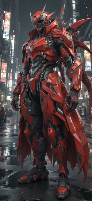 
Perspective view angle. Comic art character blended with realistic background. Anime Character of red samurai mecha Cyberpunk in dynamic action style, wearing grey red cyber  mecha armour,standing in heroic style with realistic Film style , neon citypunk background.
