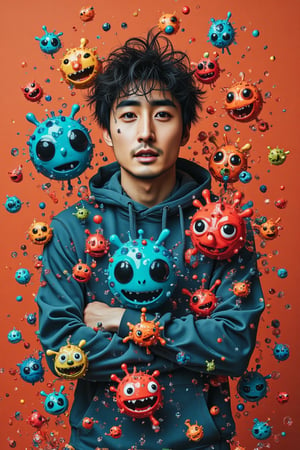 poster of a perfectly hypster asian man hugging and surrounding by 3d alien doodle,  in dynamic modeling pose, cinematic style, high resolution, high detail, high quality, high contrast, professional photography, professional lighting, precise details, solid color background, masterpiece, best quality, highres, perfect artwork, best design award winner. hipster style