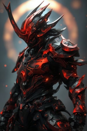 full photo of red samurai wearing darkmoon 2 mecha matte skin armour . set against a futuristic background with a clean, cinematic lighting. This is a full-body shot, rendered with Octane and presented as a high-resolution, hyper-realistic, and intricately detailed masterpiece. pose in dynamic style. dslr effect background