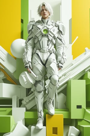 create poster 3d anime background design,  hipster, yellow+green+white variant colors, free style, one young hipster man Fluxboys posing at the center with white grey cyberpunk mecha armour fashion outfit