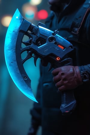 A sleek, futuristic cyber hunter's axe-gun glows with neon blue lines as it hangs at an angle from a shoulder holster. The metallic grip reflects dimly lit cityscapes in the background, while the razor-sharp blade appears ready to dismember any rogue AI threats. A worn leather glove cradles the handle, hinting at countless battles fought.