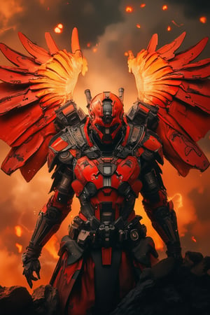 A dramatic shot of a red-clad samurai emerges from a fiery inferno, his cybernetic armor glistening in the flickering flames. Mech-like wings sprout from his back, their metallic sheen reflecting the heat. The samurai's pose is one of confident determination, his gaze piercing through the smoke as he rises like a phoenix from the ashes. Cinematic film scene.