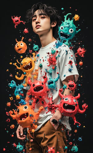 poster full-body shot , perspective angle of an attractive young hipster Korean man wearing a white T-shirt and brown jeans, surrounded by 3d Doodles of cute monsters in the style of Doodleoos, against a black background with vibrant colors, high resolution, high detail, high quality, high contrast, professional photography, professional lighting, precise details, solid color background, masterpiece, best quality, highres, perfect artwork, best design award winne