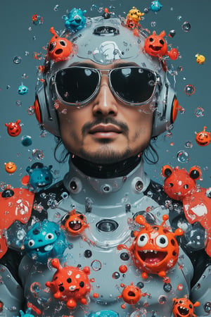 A full-body shot , perspective angle of an attractive old male Cyborg smiling with big funny doodle head wear silver and red battle mecha armour, surrounded by 3d doodle of cute monsters in the style of Doodleoo, bubbles and splash water with vibrant colors, high resolution, high detail, high quality, high contrast, professional photography, professional lighting, precise details, solid color background, masterpiece, best quality, highres, perfect artwork, best design award winner