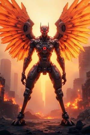 Anime styles. A towering, humanoid mecha bird stands majestically on a ruined cityscape, its mechanical wings spread wide as it unleashes a blazing inferno. Fiery flames engulf the surrounding buildings, casting a warm glow over the desolate landscape. The mecha's metal feathers shimmer in the intense heat, while its glowing red eyes seem to pierce through the smoke-filled air.