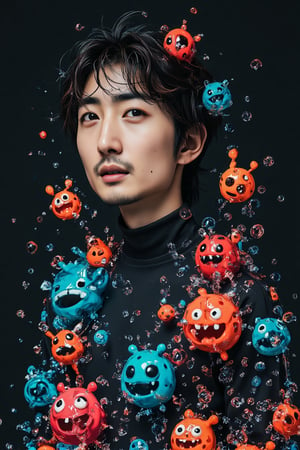 A full-body shot , perspective angle of an attractive young Cyborg Korean man, surrounded by 3d doodle of cute monsters in the style of Doodleoo, bubbles and splash water against a black background with vibrant colors, high resolution, high detail, high quality, high contrast, professional photography, professional lighting, precise details, solid color background, masterpiece, best quality, highres, perfect artwork, best design award winner