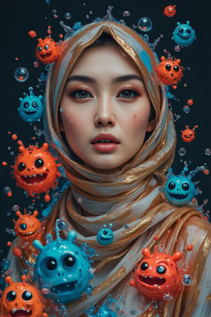 Create an image of a perfectly beautiful hijab princess of ancient Egypt in a forest,  she’s surrounded by 3d doodle of cute monsters in the style of Doodleoo, bubbles and splash water against a black background with vibrant colors, high resolution, high detail, high quality, high contrast, professional photography, professional lighting, precise details, solid color background, masterpiece, best quality, highres, perfect artwork, best design award winner