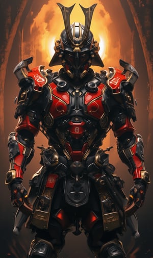 A cinematic masterpiece unfolds as the RED SAMURAI stands proudly, clad in a sleek BLACK MECHA BATTLE ARMOUR SUIT, against a backdrop of smoldering ruins. Framed within a dramatic archway, the samurai's crimson armor gleams under the warm glow of sunset-hued lighting, while the mech suit's metallic sheen catches the eye. In this Hollywood-inspired epic photography, the samurai's regal pose and powerful stance convey unyielding determination as they prepare to take on their enemies.