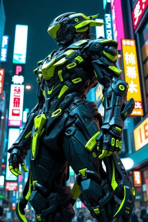 A low-angle anamorphic shot frames Niji JENGLORD FLUX LORA's cyberpunk samurai mecha character, lit by cinematic lighting, as they stand proudly in darklord armour against a neon-lit citypunk backdrop at night. Neon green accents on the mech's armor glow amidst the urban landscape, blending comic art style with realistic cityscape elements.