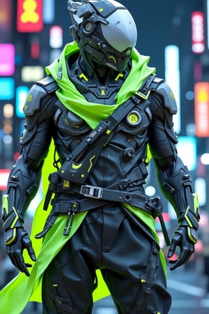 Perspective view angle with anamorphic lens. Comic art character blended with realistic background. Anime Character of male cyberpunk samurai mecha Cyberpunk in dynamic action style, wearing grey, black and neon green darlord armour  techwear outfit,standing in heroic style with realistic Film style , night background with cinematic light and neon citypunk background.,Niji_JENGLORD_FLUX_LORA_Cry Engine,TECHWEAR OUTFIT