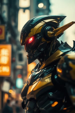 A close-up shot of a glossy black and gold mecha's faceplate, its metallic surface reflecting the bright lights of the cityscape behind it. The camera zooms in as the mecha's eyes glow bright red, its mouth opening to reveal a sharp metallic jaw. The kick-action style is evident as the mecha takes a powerful stance, ready to strike.,Action style