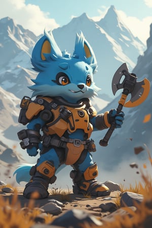 a cube fluppy, cute blue fur creature  TenTen stands confidently with a bold stance, gripping an axe-gun in one hand and icew cream in the other. wearing cute armored suit. The framing of the shot showcases her strong profile, with the weapon-wielding arms outstretched to either side. A warm golden light illuminates her determined expression, casting long shadows across the rugged terrain. In the background, misty mountains rise like giants, underscoring TenTen's fierce determination as she readies herself for battle.