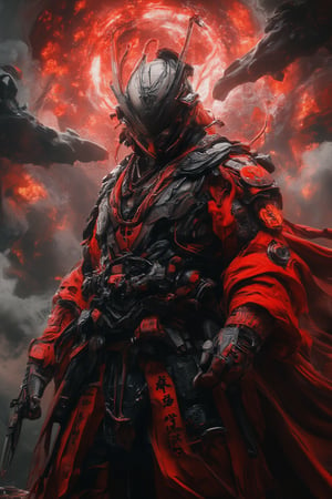 Against a swirling vortex backdrop of smoky haze, a majestic red samurai stands proud, encased in cybernetic matte skin armor that glistens like polished chrome. The cinematic lighting casts a warm glow, accentuating the intricate details of his armor and the dynamic pose he strikes, as if frozen in mid-battle. The DSLR effect background simulates a high-quality film grain, adding depth to the already photorealistic image. Octane's rendering brings forth an unparalleled level of realism, making this hyper-realistic masterpiece a testament to the intersection of technology and art.