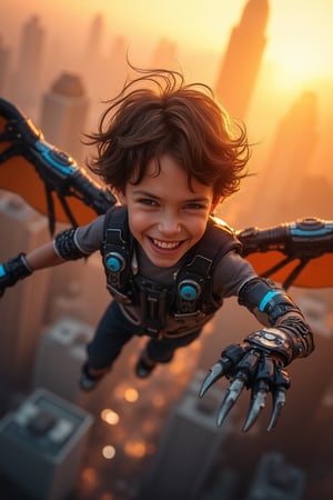 A young boy with a determined expression grips his mechanical arm, adorned with glowing blue plates and sharp claws. He soars through the sky, his mechanical wings beating fiercely as he flies above a cityscape at sunset, the orange-hued buildings and towering skyscrapers blurred in the background. The wind ruffles his messy brown hair as he whoops with joy, his eyes shining with excitement.