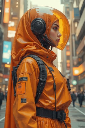 Comic art style. A full-body shot of an anime character in streetwear, with a realistic cyberpunk city background, a detailed illustration in the style of Atey Ghailan and Mary Blair, featuring vibrant colors, clean lines, and sharp details of A cyber spacepunk hijabis girl wear orange transparent glass helmet armour suit Orenz style, with long hijab and pashmina. she wear mecha armour , featuring black wires and tubes on its body, in profile view. the cyberpunk in dynamic action pose style.The style is futuristic sci-fi art with elements of dark gray and light bronze, showcasing hyper-realistic details. It has an illustrative quality to it with an emphasis on the character's head being transparent. This design incorporates elements from retro-futurism and neo-porcelain style. n dynamic modeling pose, cinematic style, high resolution, high detail, high quality, high contrast, professional photography, professional lighting, precise details, solid color background, masterpiece, best quality, highres, perfect artwork, best design award winner. hipster style,citypunk