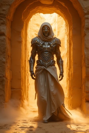 A majestic shot of a male mummy rising from the pyramid's ancient vortex, clad in an intricately detailed futuristic armored suit. The worn, sandy stone walls of the pyramid's entrance loom behind, bathed in warm, golden lighting that casts long shadows across the desert floor. The mummy's tattered linen wraps are replaced with gleaming metallic armor, adorned with Egyptian hieroglyphs and gemstones that glint like stars. Its wrappings now resemble a flowing cape, billowing behind it as it emerges from the swirling sands.