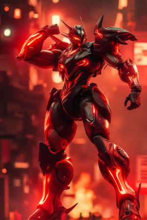 A crimson-lit, high-octane action sequence: A gleaming, red-glowing mecha warrior stands triumphantly in the center of the frame, its massive arm cocked back for a devastating punch. The viewer's gaze is drawn directly to the warrior's fist, poised at the top-left third of the screen, as the background blurs into a fiery haze.,Action style