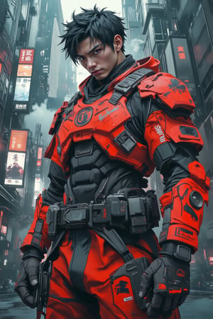 Perspective view angle. Comic art character blended with realistic background. Anime Character of red samurai mecha Cyberpunk in dynamic action style, wearing grey red cyber  mecha armour,standing in heroic style with realistic Film style , neon citypunk background.
