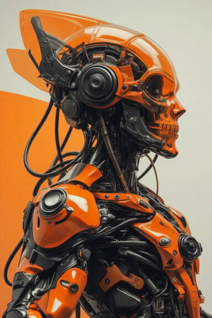 Film style of A mecha samurai punk  wear orange transparent helmet skull armour suit Orenz style, wearing red samurai armour, featuring black wires and tubes on its body, in profile view. the cyberpunk ran through with motion action pose. The style is futuristic sci-fi art with elements of dark gray and light bronze, showcasing hyper-realistic details. It has an illustrative quality to it with an emphasis on the character's head being transparent. This design incorporates elements from retro-futurism and neo-porcelain style. n dynamic modeling pose, cinematic style, high resolution, high detail, high quality, high contrast, professional photography, professional lighting, precise details, solid color background, masterpiece, best quality, highres, perfect artwork, best design award winner. hipster style. Cyber spaceship background.