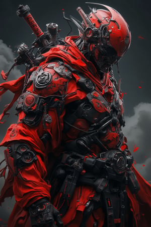 full photo of red samurai with cyber mecha matte skin armour . set against a futuristic background with a clean, cinematic lighting. This is a full-body shot, in the style of Yoji Shinkawa and Artgerm, rendered with Octane and presented as a high-resolution, hyper-realistic, and intricately detailed masterpiece. pose in dynamic style. dslr effect background