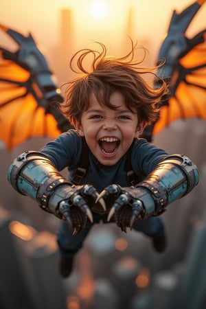 A young boy with a determined expression grips his mechanical arm, adorned with glowing blue plates and sharp claws. He soars through the sky, his mechanical wings beating fiercely as he flies above a cityscape at sunset, the orange-hued buildings and towering skyscrapers blurred in the background. The wind ruffles his messy brown hair as he whoops with joy, his eyes shining with excitement.