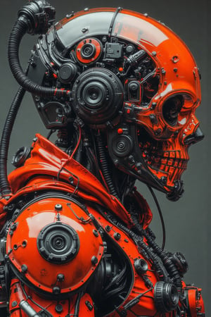 poster of A red samurai punk asian man wear orange transparent helmet skull armour suit Orenz style, wearing red samurai armour, featuring black wires and tubes on its body, in profile view. the cyberpunk ran through with motion action pose. The style is futuristic sci-fi art with elements of dark gray and light bronze, showcasing hyper-realistic details. It has an illustrative quality to it with an emphasis on the character's head being transparent. This design incorporates elements from retro-futurism and neo-porcelain style. n dynamic modeling pose, cinematic style, high resolution, high detail, high quality, high contrast, professional photography, professional lighting, precise details, solid color background, masterpiece, best quality, highres, perfect artwork, best design award winner. hipster style,dark and orange