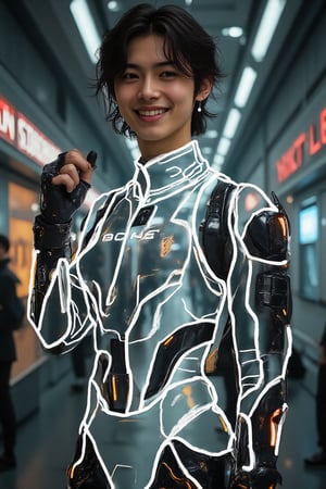 a poster handsome hipster cyborg with cyberpunk styled , wearing a semi invisible huge battle mecha armour suit, smiling confidently and raising a fist in a gesture of enthusiasm, the setting is a futuristic neon spaceship with blurred figures in the background, the lighting is soft, highlighting his expressive face and lively demeanor.