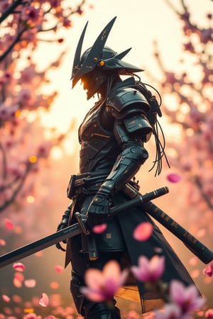 Photography image, film epic scene .A cyberpunk black mecha samurai stands triumphantly amidst a haze of cherry blossom petals, standing in dynamic action pose. Framed from a low angle, the camera captures his powerful stance, emphasizing his imposing figure against the serene landscape. The warm glow of sunlight casts long shadows behind him, as petals swirl in a gentle dance around his mighty form.,Film style