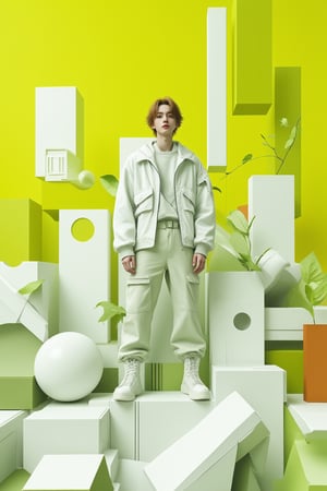 create poster 3d anime background design,  hipster, yellow+green+white variant colors, free style, one young hipster man Fluxboys posing at the center with white minimalist mecha armour fashion outfit