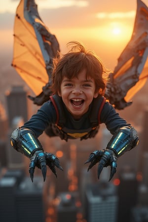 A young boy with a determined expression grips his mechanical arm, adorned with glowing blue plates and sharp claws. He soars through the sky, his mechanical wings beating fiercely as he flies above a cityscape at sunset, the orange-hued buildings and towering skyscrapers blurred in the background. The wind ruffles his messy brown hair as he whoops with joy, his eyes shining with excitement.