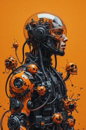 poster of A cyber spacepunk asian man wear orange transparent helmet skull armour suit Orenz style, featuring black wires and tubes on its body, in profile view. the cyberpunk surrounding by 3d doodles monster around him.  The style is futuristic sci-fi art with elements of dark gray and light bronze, showcasing hyper-realistic details. It has an illustrative quality to it with an emphasis on the character's head being transparent. This design incorporates elements from retro-futurism and neo-porcelain style. n dynamic modeling pose, cinematic style, high resolution, high detail, high quality, high contrast, professional photography, professional lighting, precise details, solid color background, masterpiece, best quality, highres, perfect artwork, best design award winner. hipster style