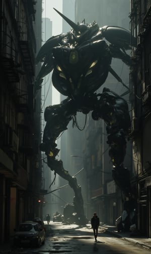 A towering black mecha stands ominously against a darkened cityscape, its metallic form bathed in dramatic lighting that casts long shadows across the gritty streets. The camera pans down to reveal a lone figure standing defiantly before the behemoth, as if daring it to strike. Hollywood-style cinematic flair infuses every frame, with bold composition and a sense of impending doom hanging heavy in the air.