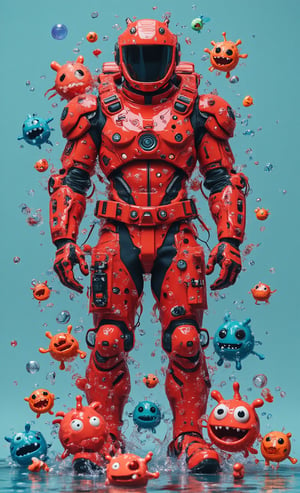 A full-body shot , perspective angle of hipster techwave spacepunk wear red mecha armour, surrounded by 3d doodle of cute monsters in the style of Doodleoo, bubbles and splash water with vibrant colors, high resolution, high detail, high quality, high contrast, professional photography, professional lighting, precise details, solid color background, masterpiece, best quality, highres, perfect artwork, best design award winner